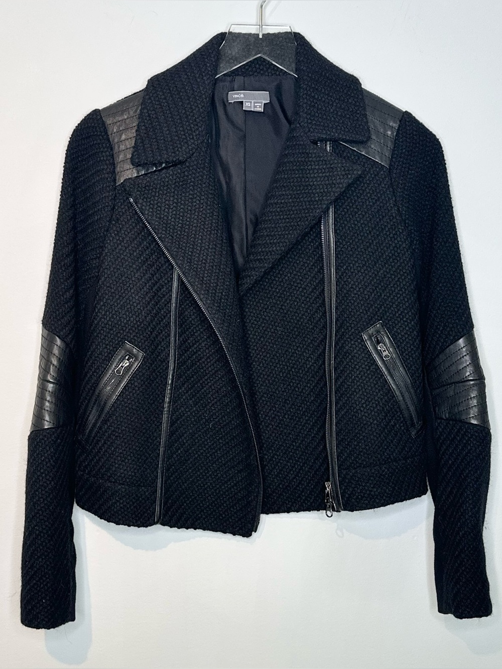 Vince Black Moto Wool Quilted Leather Trim Jacket - Picture 4 of 16